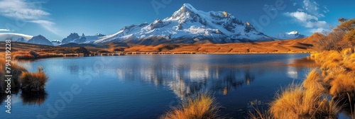 serene lake reflects majestic mountains, creating a picturesque autumn scene........