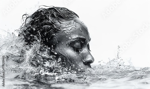 black and white portrait of a girl swimming in a pool close up © taraskobryn