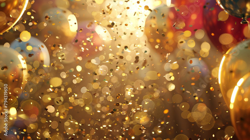Sparkling gold confetti filling the air, with balloons adding bursts of color to the celebratory atmosphere. 8K