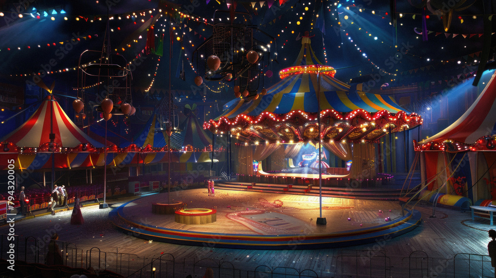 A circus tent is lit up with bright lights and a stage is set up in the center A circus tent is lit up with bright lights and a stage is set up in the center