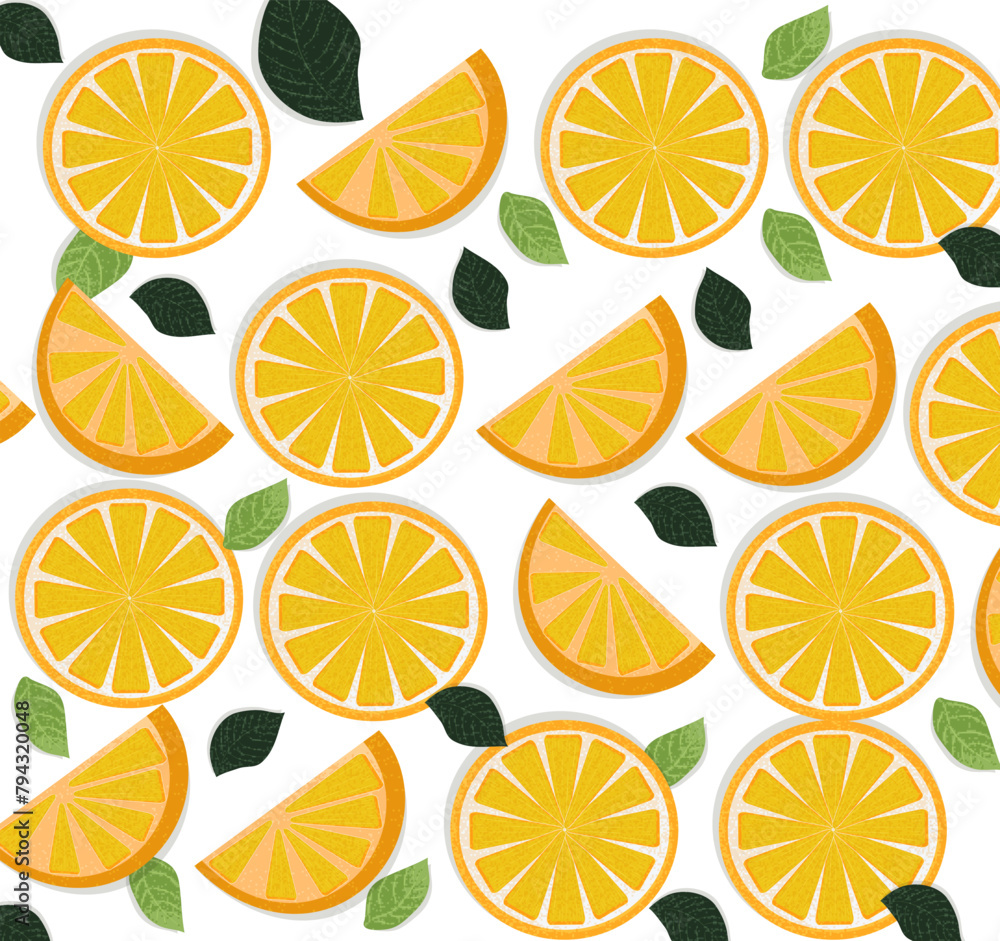 Seamless bright light pattern with fresh oranges for fabric, label designs, t-shirt print, children's room wallpaper, fruit background. Slices orange. Grain effect. Transparent background