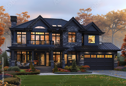 Design of twostory Victorianstyle villa with large windows, dark gray and blue color scheme. Created with Ai photo