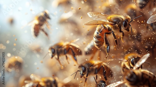 Close up view of the working bees on honeycells collecting nectar.