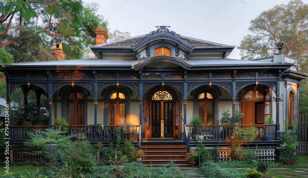 A stunning Victorian-style house with intricate woodwork, arched windows and a large front.created with Ai