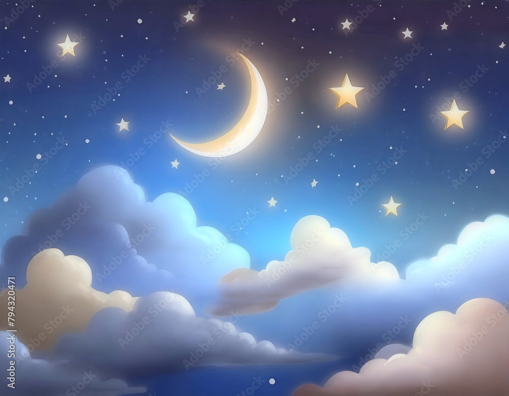 月が浮かぶ夜空と雲のある風景。イラスト風。AI生成画像。 月が浮かぶ夜空と雲のある風景。イラスト風。AI生成画像。