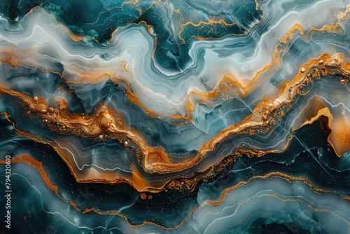 A topdown view of an ocean with swirling patterns in emerald green and gold.Created with Ai