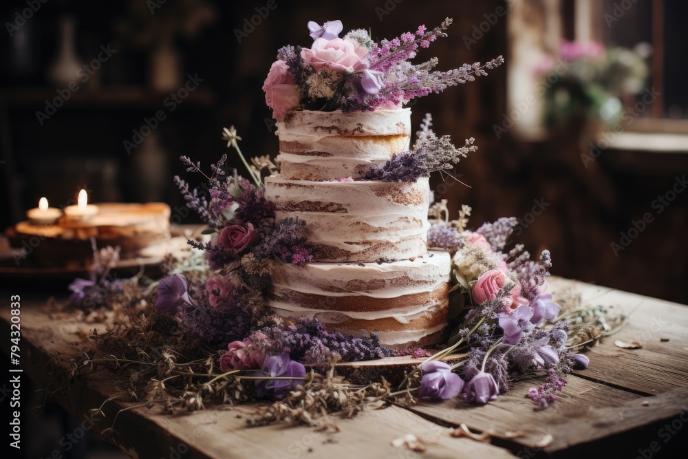 Rustic wedding cake adorned with wild flowers., generative IA