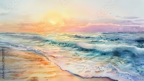 A peaceful beach scene painted in watercolor  where gentle waves lap a sandy shore under a pastel sunset