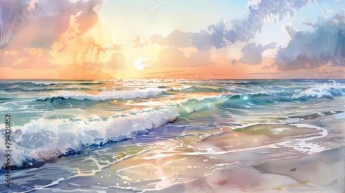 A peaceful beach scene painted in watercolor, where gentle waves lap a sandy shore under a pastel sunset photo
