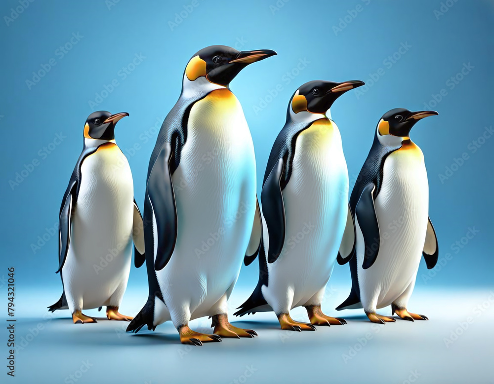 Fototapeta premium Groupe de pingouins, manchots, isolé sur fond bleu