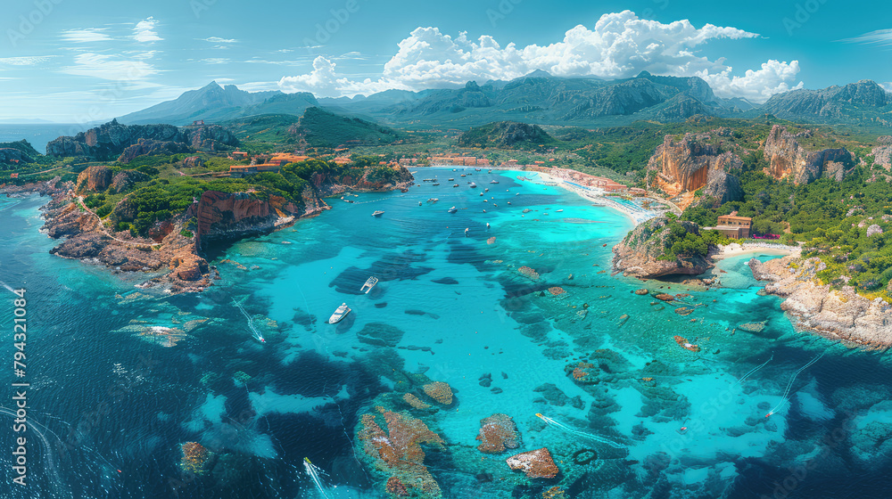  Aerial view of a fantasy tropical island with turquoise water and rocky mountains in the background.Created with Ai