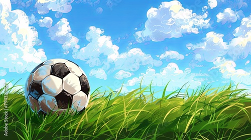 Soccer ball on grass with artistic sky and clouds illustration