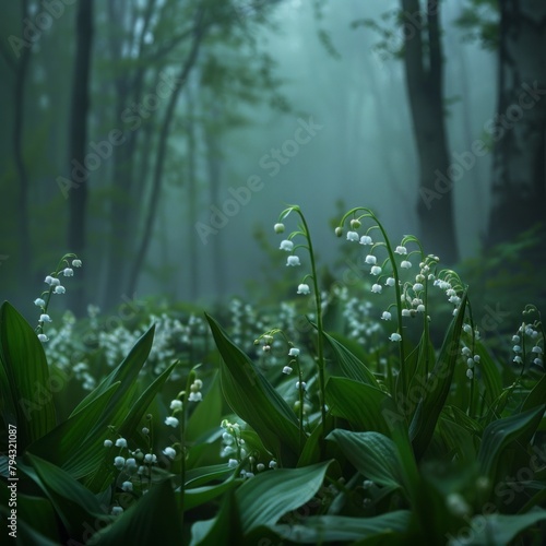 lilies of the valley in the forest.