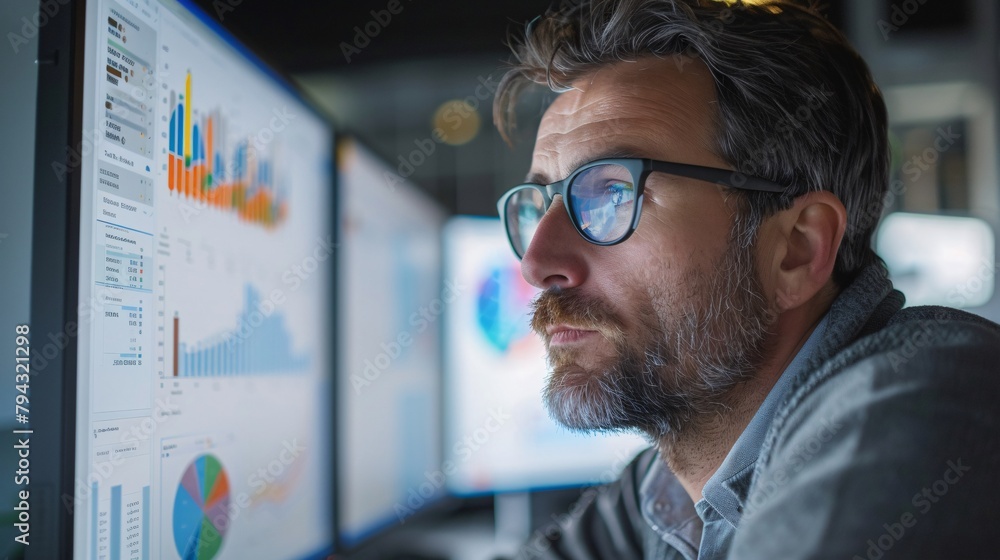 Stock trading investor, trader or broker analyst working analysing exchange market using computer Stock trading investor, trader or broker analyst working analysing exchange market using computer