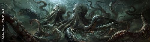 A school of giant squids, encased in metallic armor, shoots toxic ink from their elongated tentacles photo