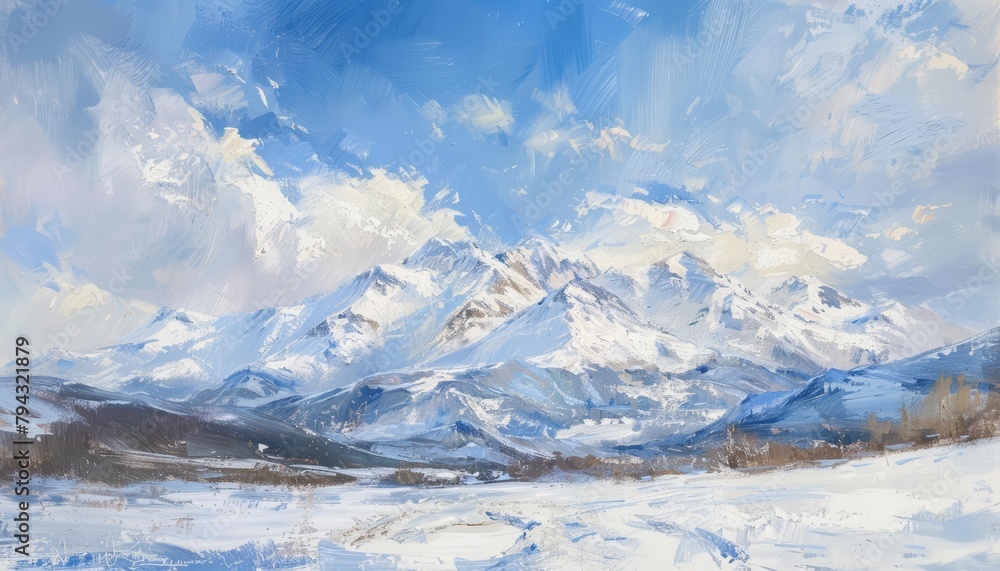 A snowy mountain landscape in oil, the peaks dusted with white, standing majestically under a crisp winter sky, the air seeming to shimmer with cold