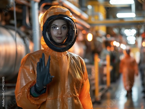 A woman in a hazmat suit is standing in a factory. She is wearing a yellow suit and a green glove