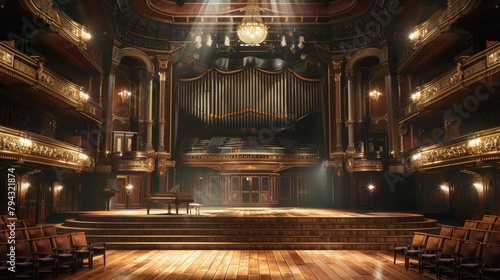 A large, ornate concert hall with a grand piano and a large organ photo