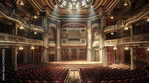 A large auditorium with a stage and rows of seats