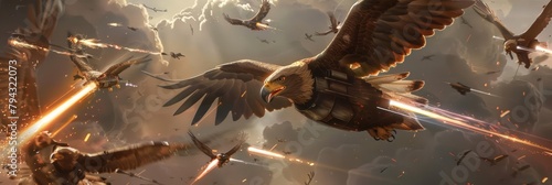 A squadron of eagles, outfitted with flightoptimized armor, attacks with lasers fired from their beaks photo