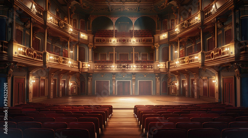 A large theater with a stage and red seats photo