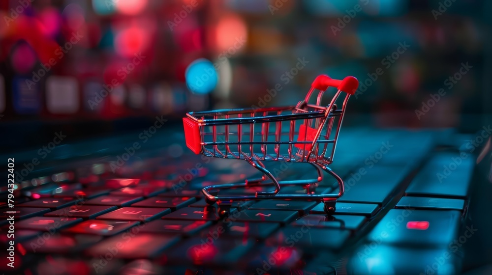 A tiny shopping cart perched on a keyboard, symbolizing the convenience of digital marketplaces