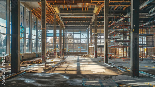 A large empty building with scaffolding and a construction worker on the roof © Art AI Gallery