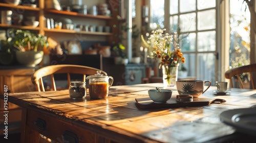 Morning tea setup with cup and teapot on a wooden kitchen table.