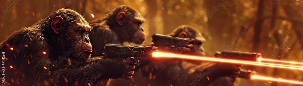 A troop of chimpanzees, clad in bulletproof armor, charges into battle ...