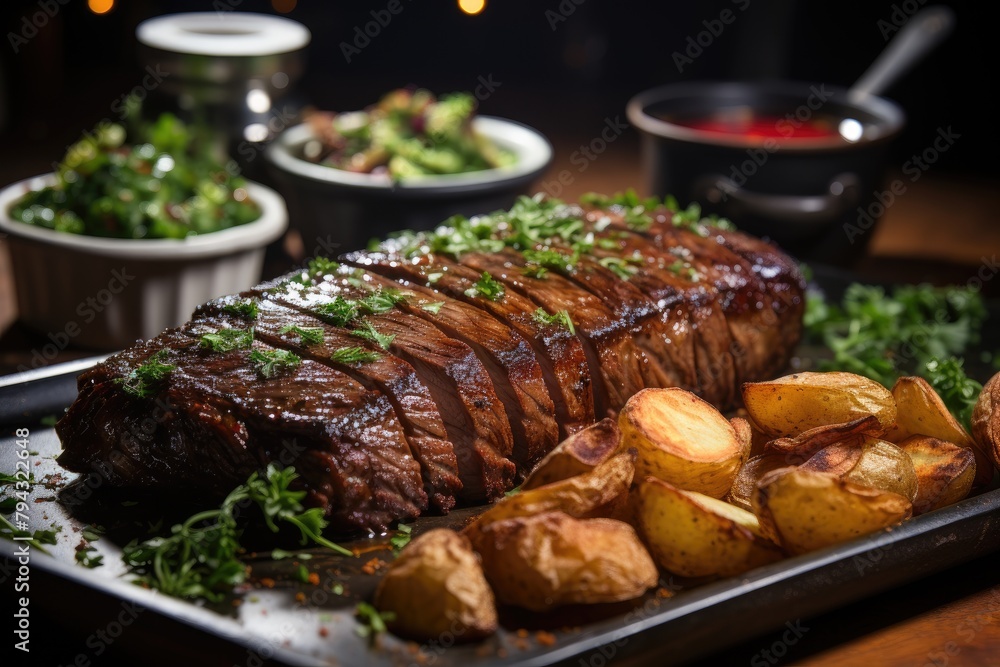 Successional picanha with potatoes and barbecue sauce., generative IA