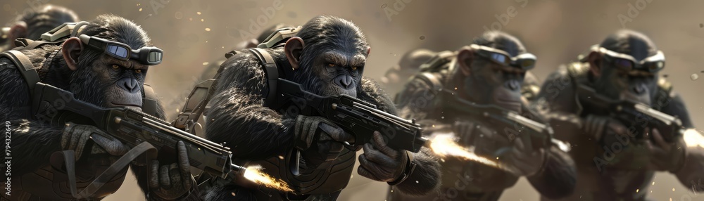 A troop of chimpanzees, clad in bulletproof armor, charges into battle against poachers with laser guns that fire with pinpoint accuracy A troop of chimpanzees, clad in bulletproof armor, charges into battle against poachers with laser guns that fire with pinpoint accuracy