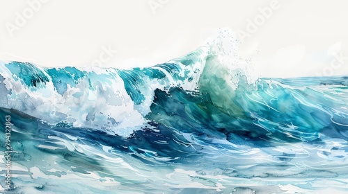 A watercolor ocean wave crested gently, its foam captured in shades of blue and green, rising from the white canvas as if about to break photo