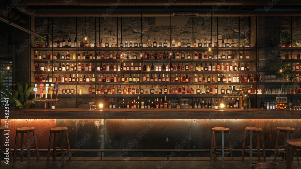 A bar with a lot of liquor on the shelves