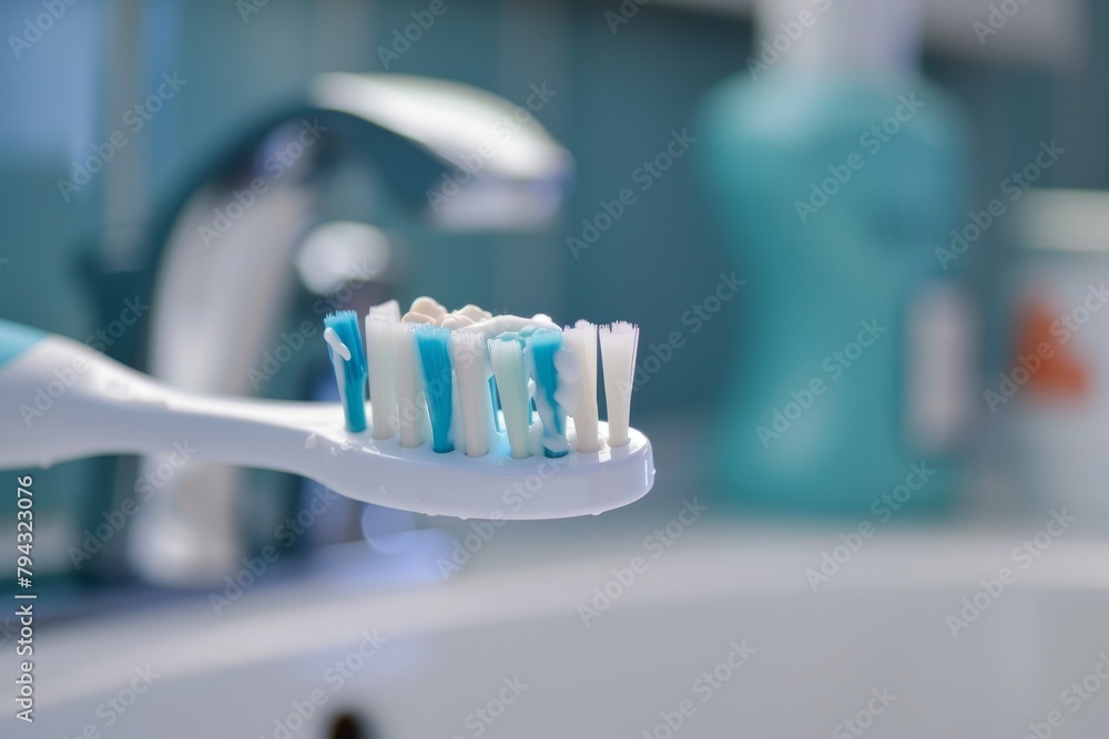 A toothbrush with blue and white bristles is sitting on a sink