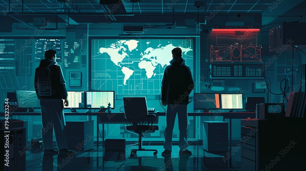 Two cybersecurity experts overseeing global network operations. Illustrated scene with world map and data screens