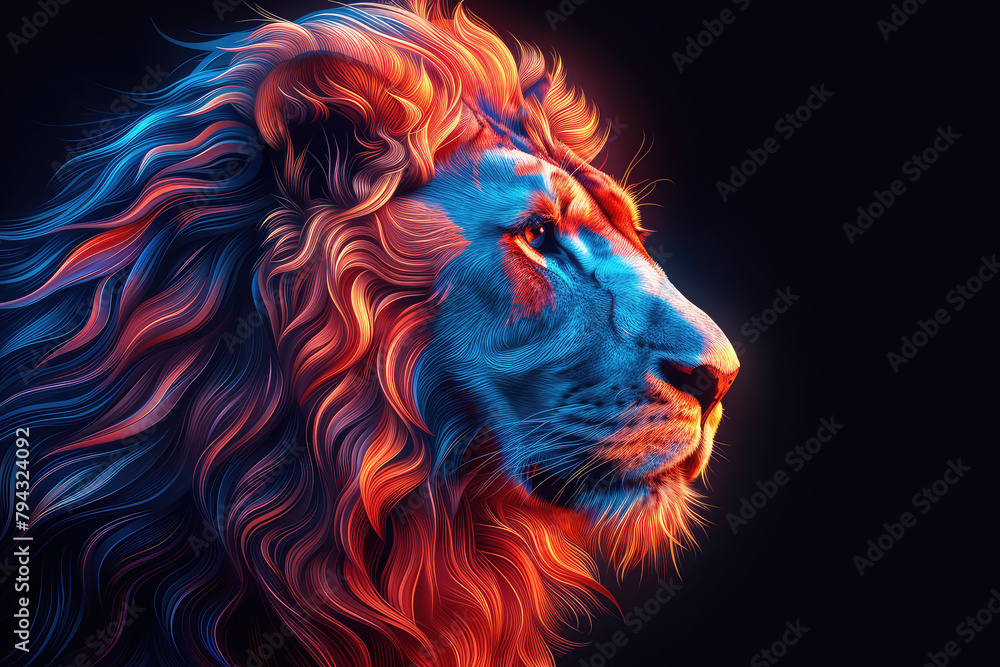Beautiful colorful lion with glowing neon hair, in the digital art style. Created with Ai