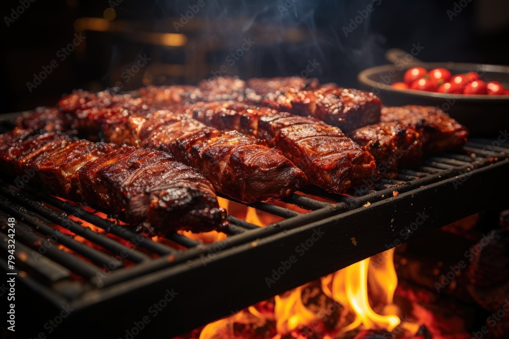 Red embers on a lit barbecue., generative IA Red embers on a lit barbecue., generative IA
