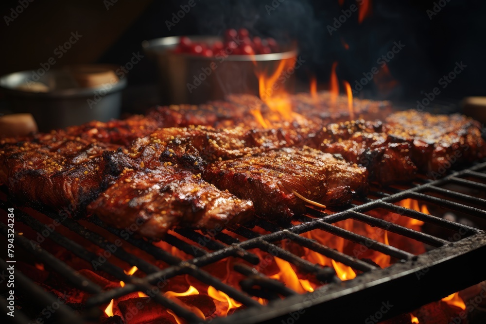 Red embers on a lit barbecue., generative IA Red embers on a lit barbecue., generative IA
