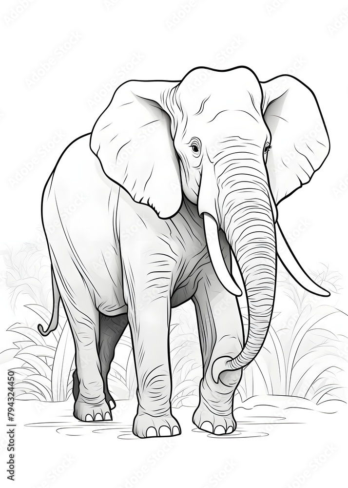 Elephant Coloring Page, Elephant Line Art Coloring Page, Elephant Outline Drawing For Coloring Page, Animal Coloring Page, Elephant Coloring Book, AI Generative