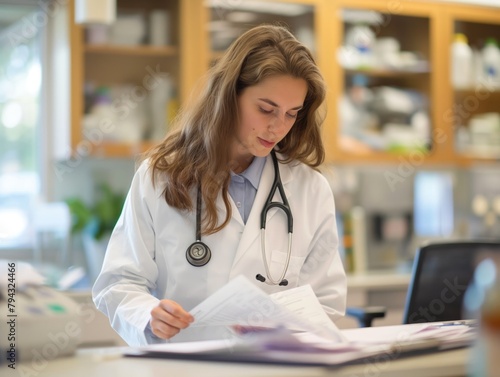 A woman in a white lab coat is reading a paper. She is wearing a stethoscope around her neck