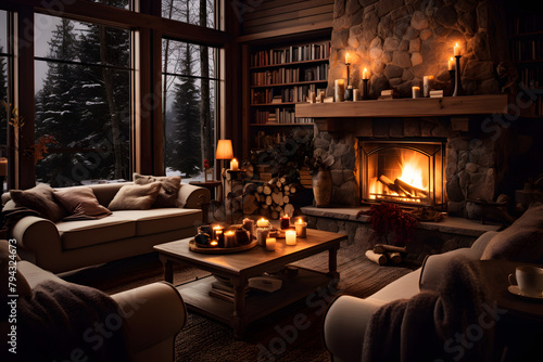 cozy living room, interior design, livingroom, cozy, warm, fireplace © MrJeans