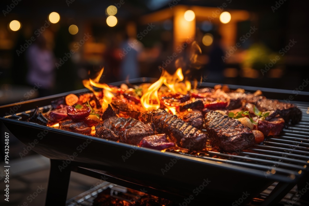 Night barbecue, friends around, crackles., generative IA Night barbecue, friends around, crackles., generative IA