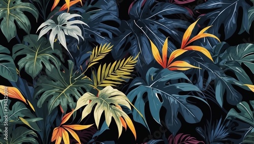 Mysterious Dark Pattern with Exotic Foliage, Adjusted to a Richer Color Palette. photo
