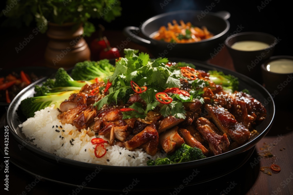 Fartar table with xinxim, farofa and rice., generative IA Fartar table with xinxim, farofa and rice., generative IA