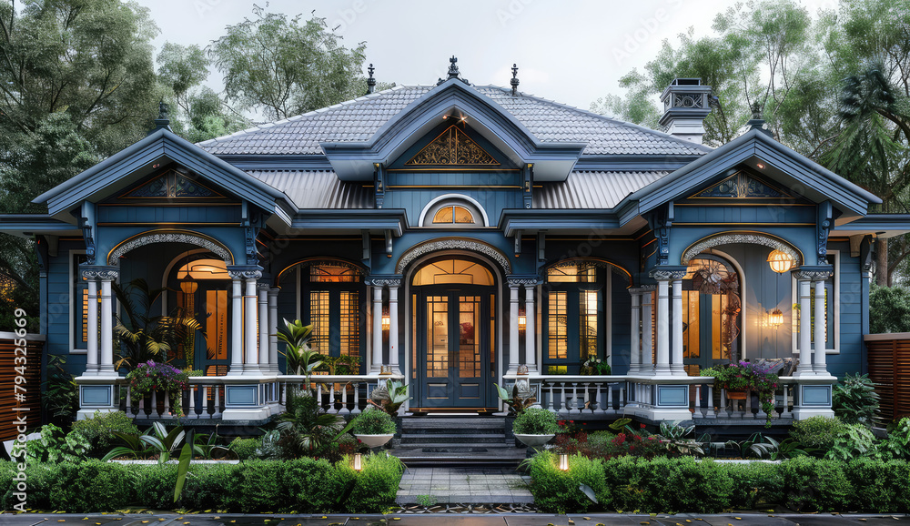 A stunning, ornate Victorian-style house with intricate details and blue wooden walls, set in an elegant garden.  Created with Ai