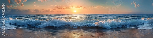 Sunset over a serene beach with rolling waves under a cloudy sky. photo