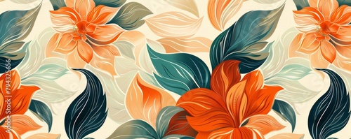 Seamless artistic floral pattern with colorful leaves and flowers on a cream background