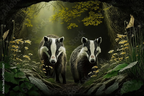 Badgers walking in the forest