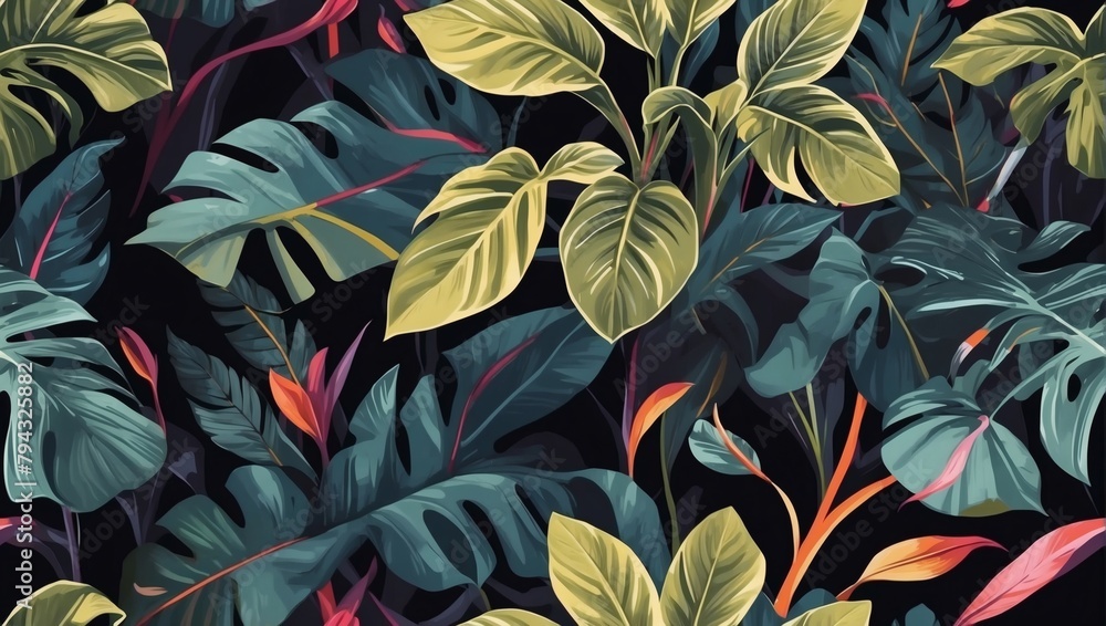 Mysterious Dark Pattern with Exotic Foliage, Adjusted to a Richer Color Palette.