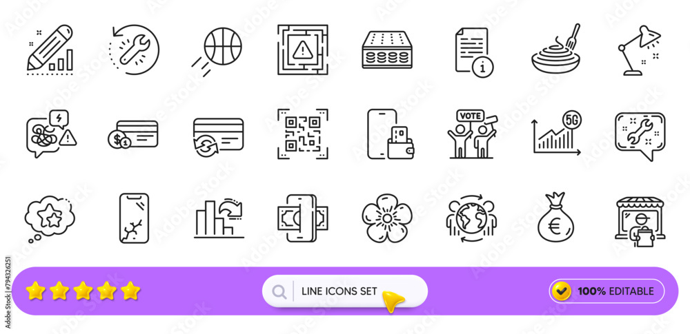 Stress, Qr code and Decreasing graph line icons for web app. Pack of Natural linen, Manual, Pasta dish pictogram icons. Table lamp, Spanner, Ranking stars signs. Change card, Mattress. Vector Stress, Qr code and Decreasing graph line icons for web app. Pack of Natural linen, Manual, Pasta dish pictogram icons. Table lamp, Spanner, Ranking stars signs. Change card, Mattress. Vector